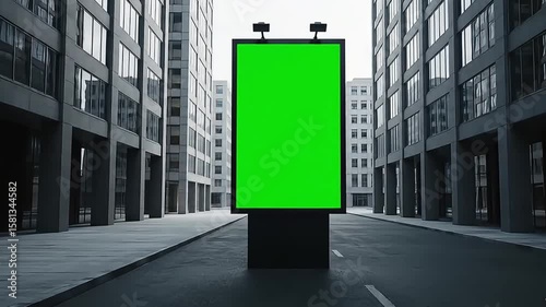 A large, empty green billboard stands prominently on a city street, ready for advertising, surrounded by modern buildings and a sense of urban space.