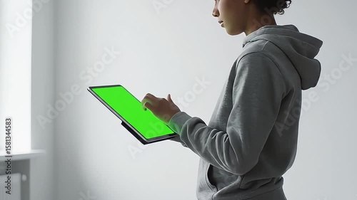 Young woman in a gray hoodie interacts with a tablet featuring a green screen, set against a minimalist white backdrop with natural light, ideal for tech mockups.