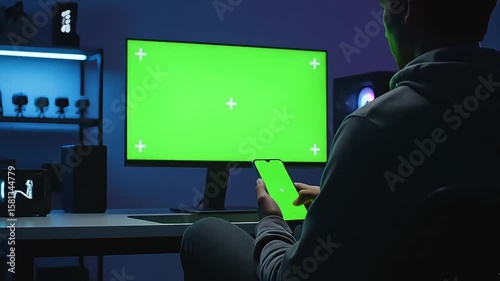 A person uses a smartphone while looking at a computer monitor with a green screen in a dimly lit room with blue ambient lighting.