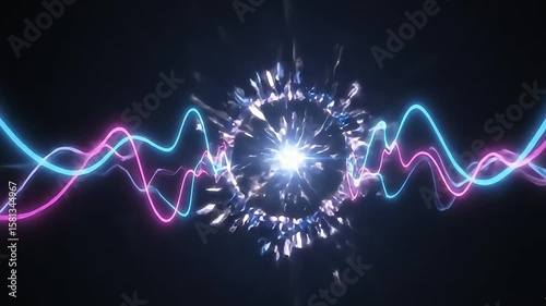 Abstract glowing energy waves converge and explode into a bright, shining light at the center, creating a vibrant and dynamic visual effect against a dark background.