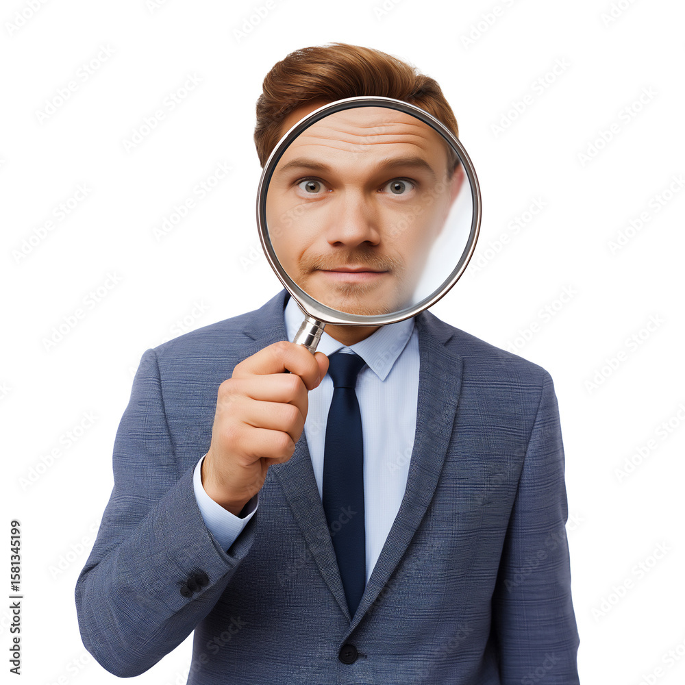 Caucasian businessman holding large magnifying glass up to his face, enlarge view of face, isolated on white or transparent background Caucasian businessman holding large magnifying glass up to his face, enlarge view of face, isolated on white or transparent background