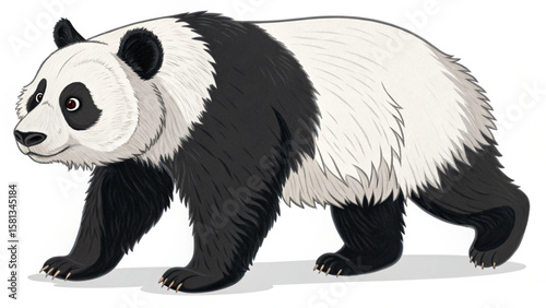 Illustration of a panda bear walking with its black and white fur clearly visible on a white background