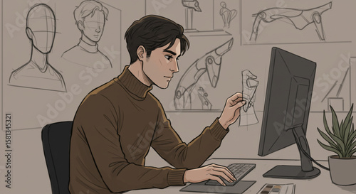 Young male digital artist and character designer working on a computer in a creative studio, illustrating new concepts.