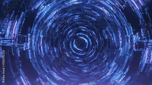 Abstract futuristic tunnel with glowing blue digital patterns, creating a sense of deep space exploration and advanced technology.