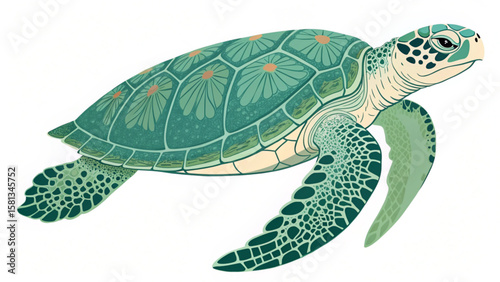 Illustration of a green sea turtle with floral patterns on its shell swimming in a white background