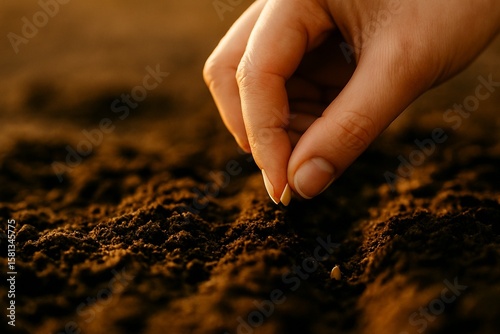 Close-up of a hand planting a seed in rich soil. Perfect for topics of gardening, growth, sustainability, organic farming, or eco lifestyle.
