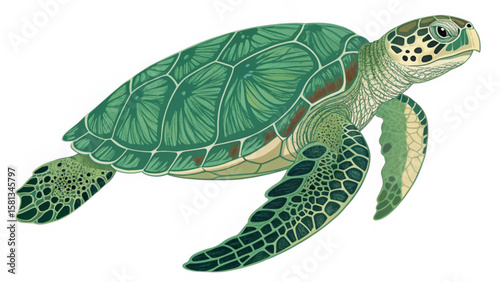 Illustration of a green sea turtle swimming with detailed shell and flippers on a white background view