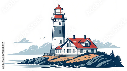 Illustration of a lighthouse with a red top and a house on a rocky cliff near the ocean waterscape