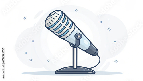 Illustration of a microphone on a stand with a white background and small star shapes around it