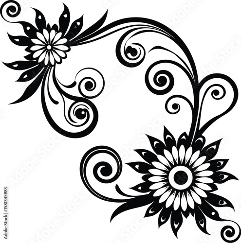 Corner Swirl Ornament With Circular Flower Silhoue