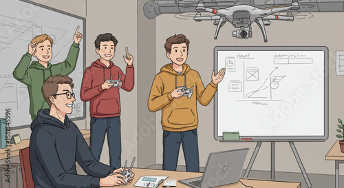 Startup team of young engineers presenting and testing a new drone prototype in a workshop classroom.