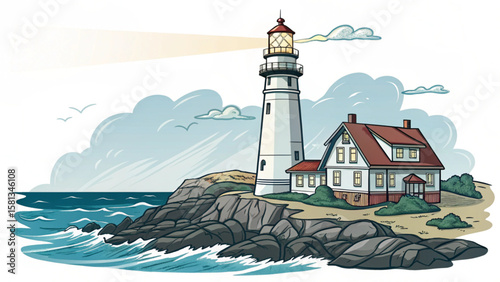 Illustration of a lighthouse with a shining light and a house on a rocky coast with ocean waves