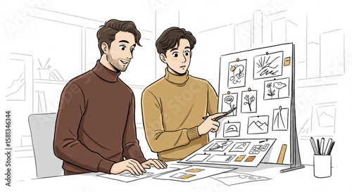 Two creative male colleagues brainstorming ideas and reviewing storyboards for a project in a modern office.