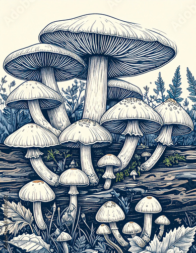 Elegant mushroom cluster art presents captivating fungi illustration with botanical garden foliage and nature drawing