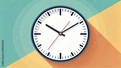 Illustration of a clock with black hands and a red second hand on a two tone background design