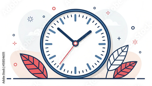 Illustration of a clock with blue hands and a red second hand surrounded by leaves and abstract shapes