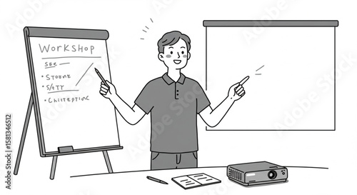 Engaging male presenter conducting a workshop, hand-drawn illustration style. Man teaching a seminar with a flip chart and screen.