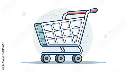 Illustration of a white shopping cart with a red handle and blue accents against a light background