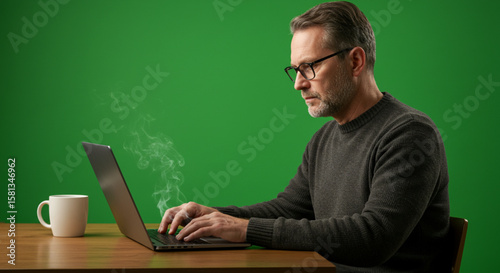 Frustrated middle-aged man with glasses working on a smoking, broken laptop, symbolizing burnout and system failure.
