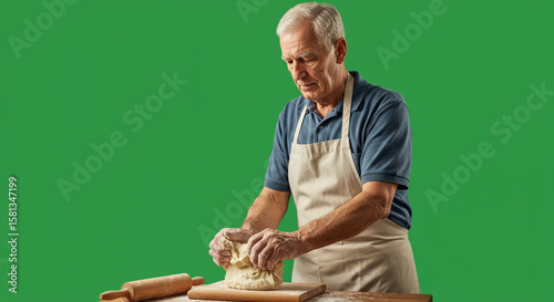 An elderly man in an apron kneading dough for bread or pizza on a wooden table. Isolated on a green screen for easy compositing.