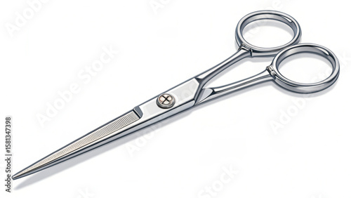 Close up of a pair of silver scissors with round handles and sharp blades on a white background surface