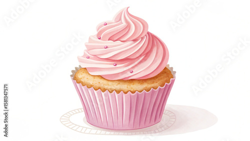 A delightful cupcake with pink frosting and a pink wrapper sitting on a decorative white plate here