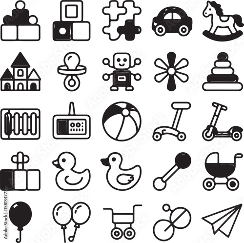 Black and White Childrens Toys Icons Set Blocks Car Rocking Horse Puzzle Baby Rattle Stacking Rings