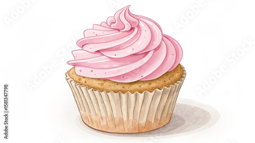 A delightful cupcake with a swirl of pink frosting and a paper cup sits on a white surface in a sweet treat scene