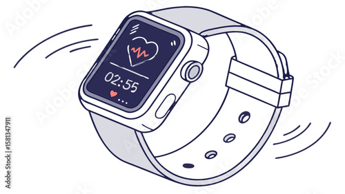 Illustration of a smartwatch displaying a heart rate monitor and the time with a simple design style