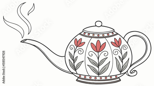 Illustration of a decorated teapot with steam rising from the spout on a white background design art