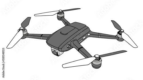 A gray drone with four propellers and a camera is displayed against a white background in a line drawing style