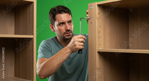 Concentrated man assembling a wooden bookshelf, using a hex key for a DIY home improvement project.