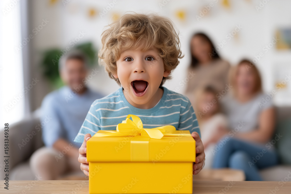 Child with curly hair smiles widely while holding a bright yellow gift box. Cozy living room setting with family members blurred in background. Concept of celebrations, holidays, family gatherings Child with curly hair smiles widely while holding a bright yellow gift box. Cozy living room setting with family members blurred in background. Concept of celebrations, holidays, family gatherings