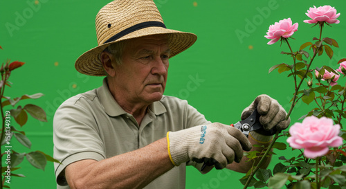 Mature man preparing a barbecue meal with meat and vegetables on a grill against a green screen.