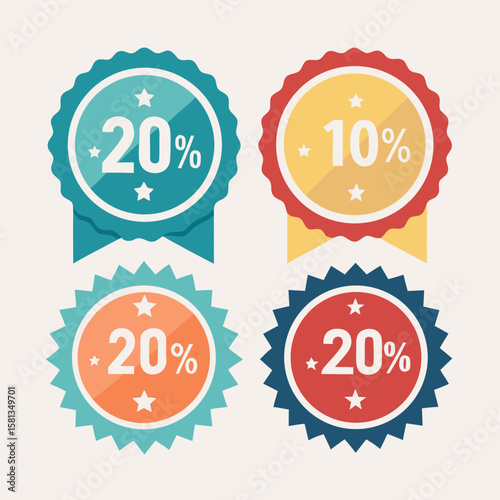 Collection of four colorful discount badges showing 20 percent and 10 percent off isolated on white background silhouette