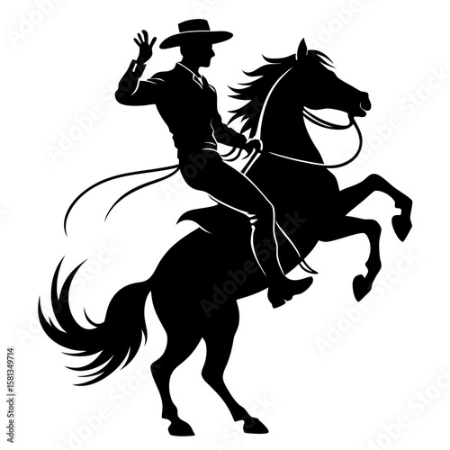 Silhouette of a cowboy on a rearing horse waving his hand isolated on white background