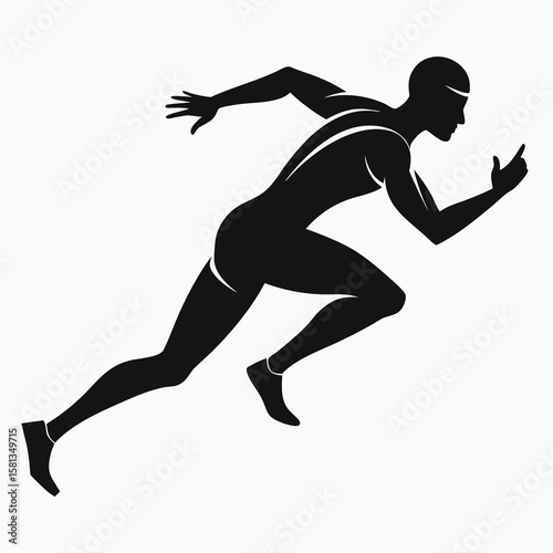 Dynamic black silhouette of a male athlete in full stride running fast on white background silhouette isolated on white background
