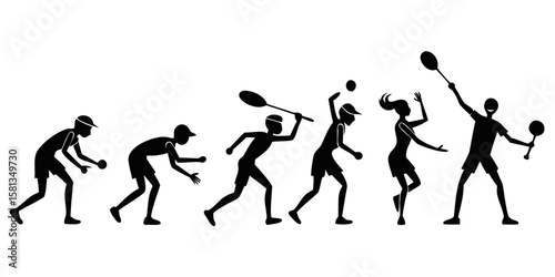 Evolution of tennis players from early stages to modern professionals silhouette isolated on white background
