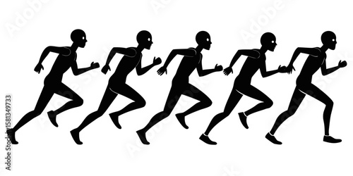 Five dynamic black human figures running in unison as a silhouette isolated on white background