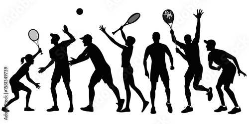 Diverse group of people playing tennis and padel tennis with rackets and ball silhouette isolated on white background