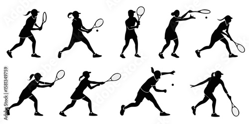 Collection of tennis player silhouettes in various action poses isolated on white background