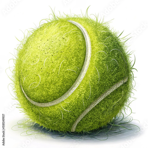 A close up view of a fuzzy yellow tennis ball with white curved lines against a white background space created with generated ai