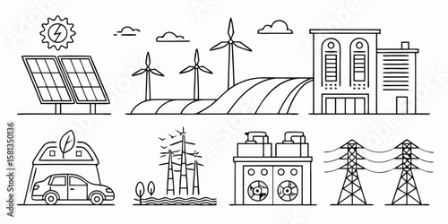 Collection of renewable energy sources and infrastructure icons in a simple line art style silhouette isolated on white background