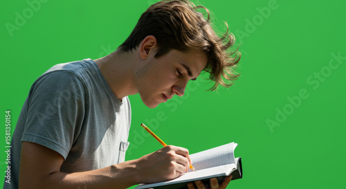 Profile of a handsome young student concentrated on writing notes in a book with a pencil, isolated on a green screen background for chroma key