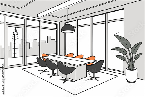 Modern conference room with large windows overlooking city skyline and a table with chairs silhouette isolated on white background
