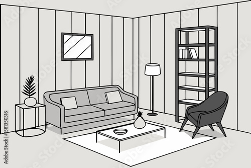 Modern living room interior with sofa armchair coffee table bookshelf and floor lamp silhouette isolated on white background