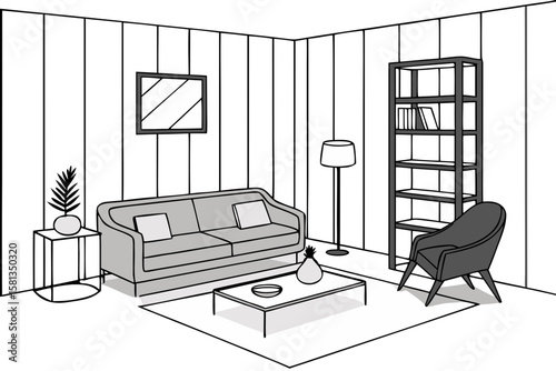 Modern living room interior with sofa armchair coffee table bookshelf and lamp silhouette isolated on white background