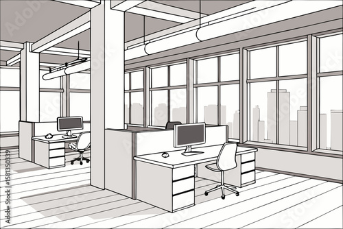 Modern office cubicles with computers and chairs overlooking city skyline silhouette isolated on white background