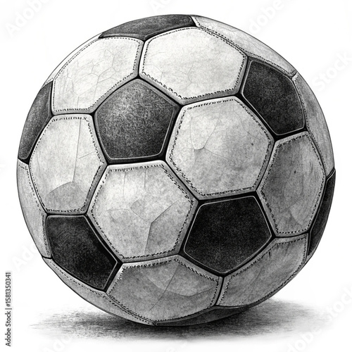 A detailed illustration of a soccer ball with black and white panels and visible stitching design element created with generated ai