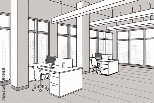 Modern office interior with desks chairs and computers overlooking city skyline silhouette isolated on white background